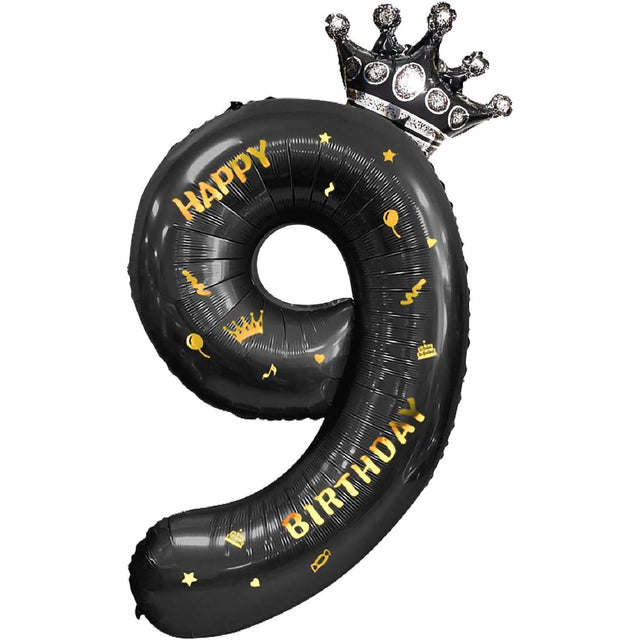 Balon din Folie Metalizata Vivimall, Figurina Cifra si Coroana, Scris Happy Birthday, Tema Aniversare 100 cm, Ambalaj Individual, Pai inclus, Umflare cu Aer sau Heliu, Negru, Cifra 9 - vivimall.ro