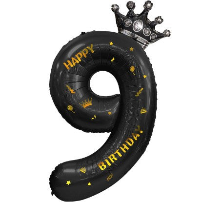 Balon din Folie Metalizata Vivimall, Figurina Cifra si Coroana, Scris Happy Birthday, Tema Aniversare 100 cm, Ambalaj Individual, Pai inclus, Umflare cu Aer sau Heliu, Negru, Cifra 9 - vivimall.ro