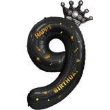 Balon din Folie Metalizata Vivimall, Figurina Cifra si Coroana, Scris Happy Birthday, Tema Aniversare 100 cm, Ambalaj Individual, Pai inclus, Umflare cu Aer sau Heliu, Negru, Cifra 9 - vivimall.ro