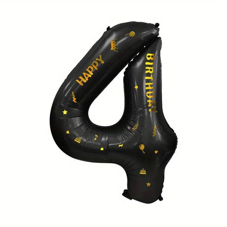 Balon din Folie Metalizata Vivimall, Figurina Cifra, Scris Happy Birthday, Tema Aniversare 100 cm, Ambalaj Individual, Pai inclus, Umflare cu Aer sau Heliu, Negru, Cifra 4 - vivimall.ro