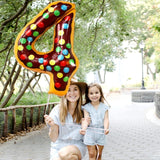 Balon din Folie Metalizata Vivimall, Figurina Cifra, Imprimeu Gogosi, Tema Aniversare 100 cm, Ambalaj Individual, Pai inclus, Umflare cu Aer sau Heliu, Multicolor, Cifra 4 - vivimall.ro