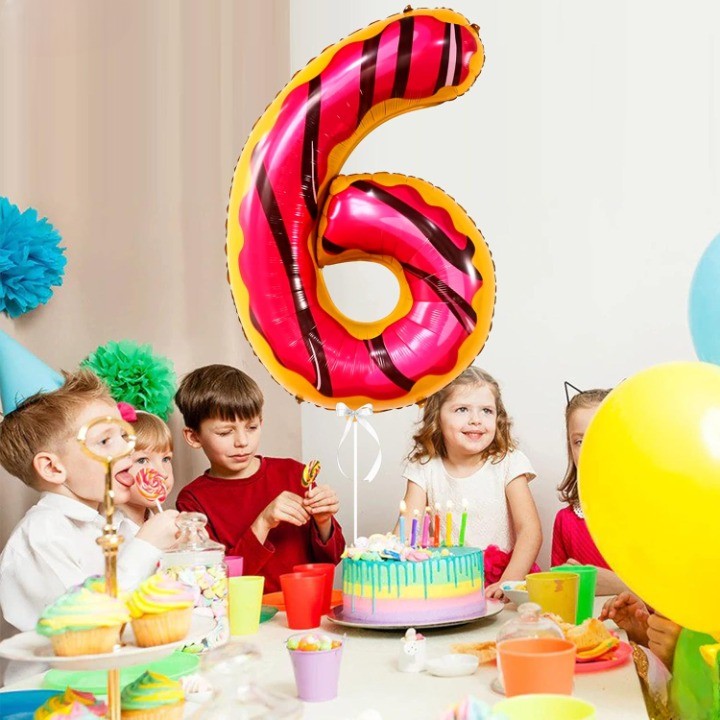 Balon din Folie Metalizata Vivimall, Figurina Cifra, Imprimeu Gogosi, Tema Aniversare 100 cm, Ambalaj Individual, Pai inclus, Umflare cu Aer sau Heliu, Multicolor, Cifra 6 - vivimall.ro