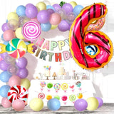 Balon din Folie Metalizata Vivimall, Figurina Cifra, Imprimeu Gogosi, Tema Aniversare 100 cm, Ambalaj Individual, Pai inclus, Umflare cu Aer sau Heliu, Multicolor, Cifra 6 - vivimall.ro