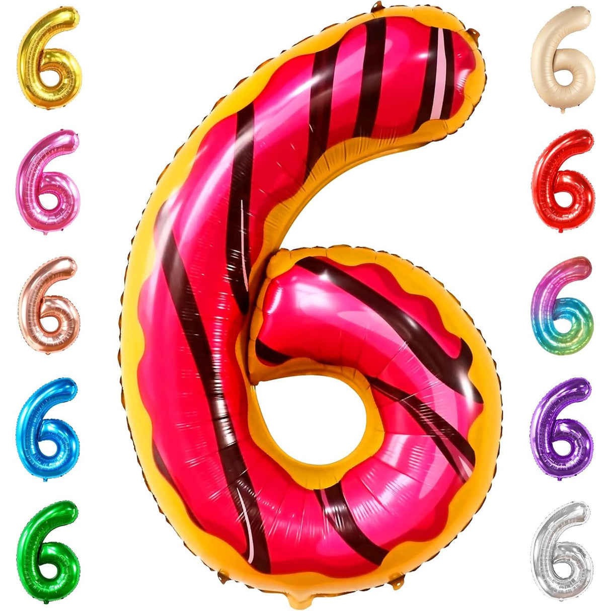 Balon din Folie Metalizata Vivimall, Figurina Cifra, Imprimeu Gogosi, Tema Aniversare 100 cm, Ambalaj Individual, Pai inclus, Umflare cu Aer sau Heliu, Multicolor, Cifra 6 - vivimall.ro