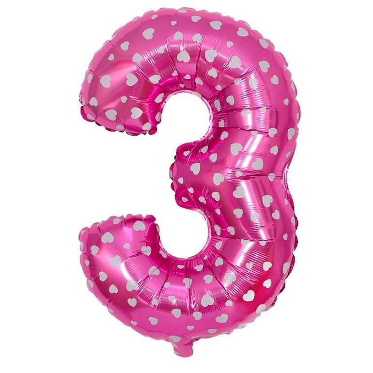 Balon din Folie Metalizata Vivimall, Figurina Cifra, Imprimeu Inimi, Tema Aniversare 80 cm, Ambalaj Individual, Pai inclus, Umflare cu Aer sau Heliu, Roz, Cifra 3 - vivimall.ro