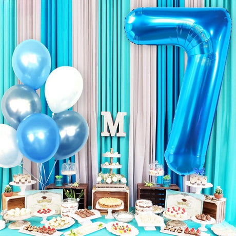 Balon din Folie Metalizata Vivimall, Figurina Cifra, Tema Aniversare 40 cm, Ambalaj Individual, Pai inclus, Umflare cu Aer sau Heliu, Albastru, Cifra 7 - vivimall.ro