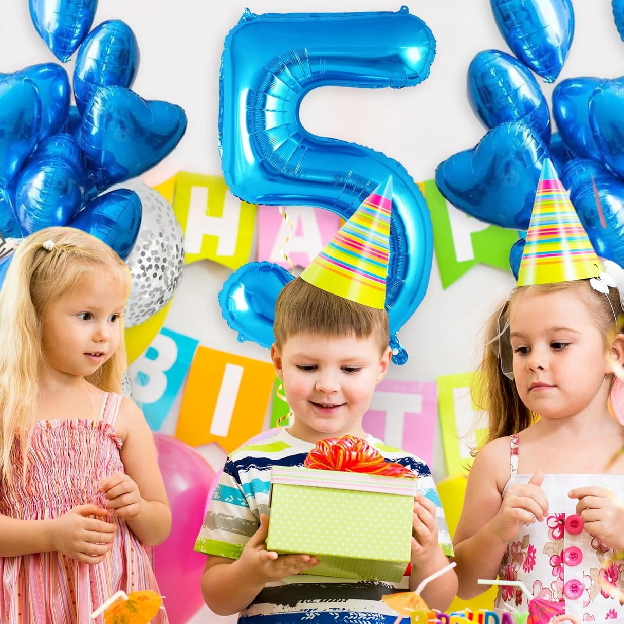 Balon din folie metalizata, Vivimall, Balon aniversar, 40 cm, Albastru, Ambalaj Individual, Pai inclus, Cifra 5 - vivimall.ro