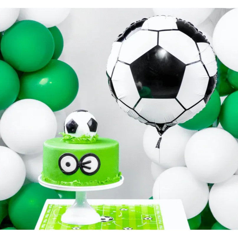 Balon din Folie Metalizata, Vivimall, Figurina Cerc, Model Minge de Fotbal, Tematica Sport, 45 cm, Ambalaj Individual, Pai Inclus, Umflare cu Aer sau Heliu, Alb-Negru - vivimall.ro