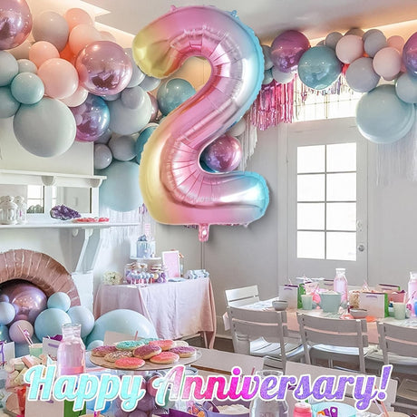 Balon din Folie Metalizata Vivimall, Figurina Cifra Gradient, Tema Aniversare 40 cm, Ambalaj Individual, Pai inclus, Umflare cu Aer sau Heliu, Multicolor, Cifra 2 - vivimall.ro