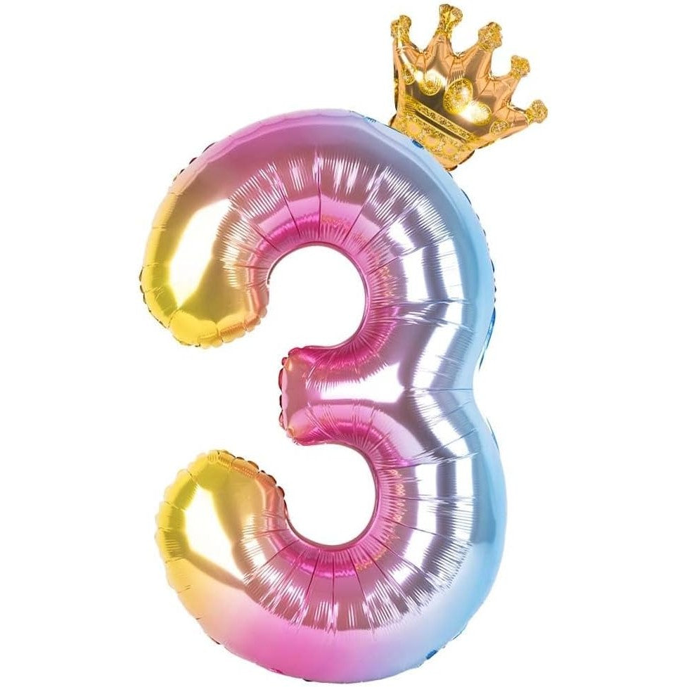 Balon din Folie Metalizata, Vivimall, Figurina Cifra Gradient, Tema Aniversare 80 cm, Ambalaj Individual, Pai inclus, Umflare cu Aer sau Heliu, Coronita, Cifra 3 - vivimall.ro
