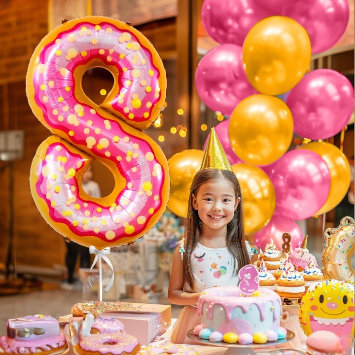 Balon din Folie Metalizata Vivimall, Figurina Cifra, Imprimeu Gogosi, Tema Aniversare 100 cm, Ambalaj Individual, Pai inclus, Umflare cu Aer sau Heliu, Multicolor, Cifra 8 - vivimall.ro