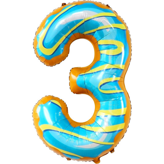 Balon din Folie Metalizata Vivimall, Figurina Cifra, Imprimeu Gogosi, Tema Aniversare 100 cm, Ambalaj Individual, Pai inclus, Umflare cu Aer sau Heliu, Multicolor, Cifra 3 - vivimall.ro