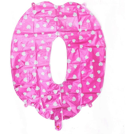 Balon din Folie Metalizata Vivimall, Figurina Cifra, Imprimeu Inimi, Tema Aniversare 80 cm, Ambalaj Individual, Pai inclus, Umflare cu Aer sau Heliu, Roz, Cifra 0 - vivimall.ro