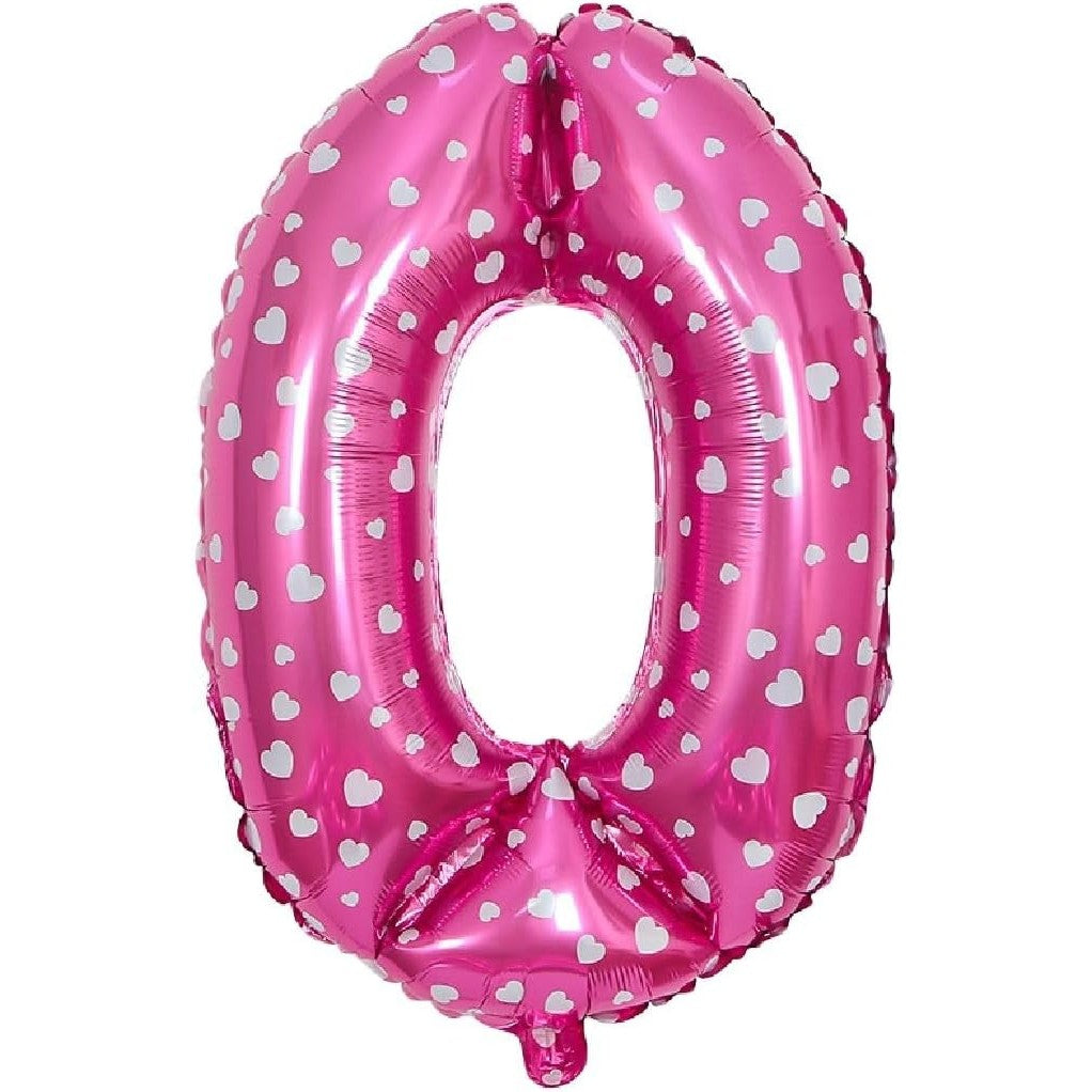 Balon din Folie Metalizata Vivimall, Figurina Cifra, Imprimeu Inimi, Tema Aniversare 80 cm, Ambalaj Individual, Pai inclus, Umflare cu Aer sau Heliu, Roz, Cifra 0 - vivimall.ro