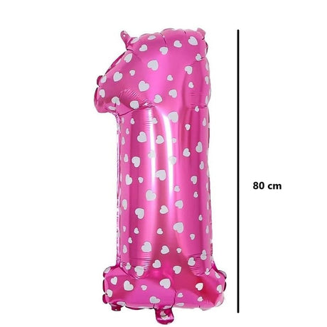Balon din Folie Metalizata Vivimall, Figurina Cifra, Imprimeu Inimi, Tema Aniversare 80 cm, Ambalaj Individual, Pai inclus, Umflare cu Aer sau Heliu, Roz, Cifra 1 - vivimall.ro