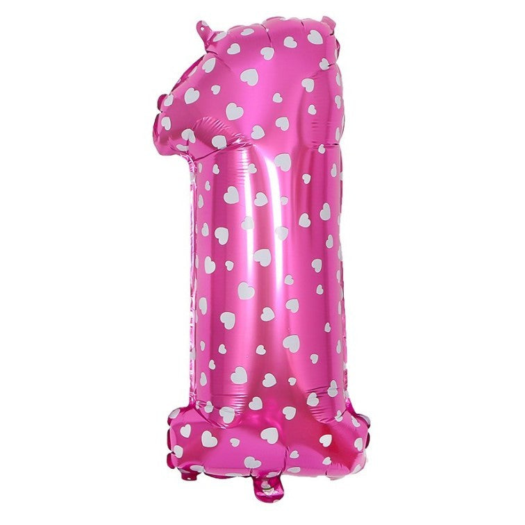 Balon din Folie Metalizata Vivimall, Figurina Cifra, Imprimeu Inimi, Tema Aniversare 80 cm, Ambalaj Individual, Pai inclus, Umflare cu Aer sau Heliu, Roz, Cifra 1 - vivimall.ro