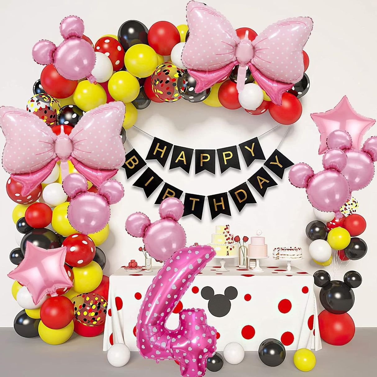 Balon din Folie Metalizata Vivimall, Figurina Cifra, Imprimeu Inimi, Tema Aniversare 80 cm, Ambalaj Individual, Pai inclus, Umflare cu Aer sau Heliu, Roz, Cifra 4 - vivimall.ro