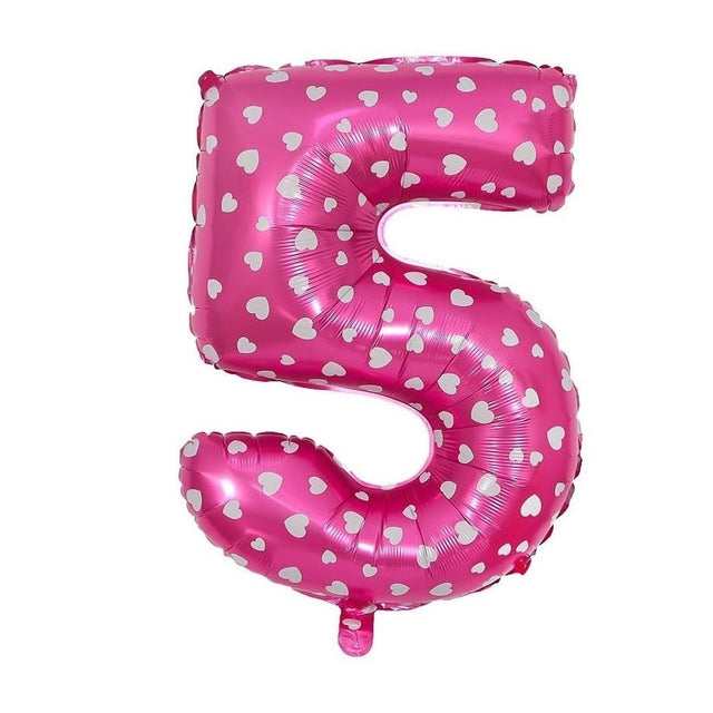Balon din Folie Metalizata Vivimall, Figurina Cifra, Imprimeu Inimi, Tema Aniversare 80 cm, Ambalaj Individual, Pai inclus, Umflare cu Aer sau Heliu, Roz, Cifra 5 - vivimall.ro