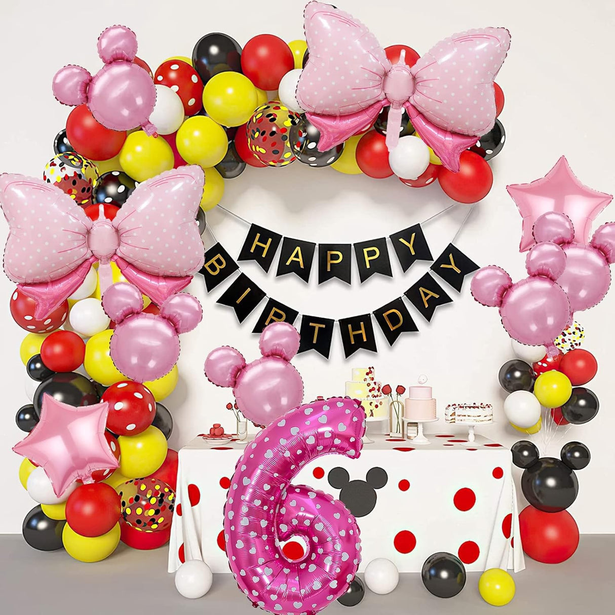 Balon din Folie Metalizata Vivimall, Figurina Cifra, Imprimeu Inimi, Tema Aniversare 80 cm, Ambalaj Individual, Pai inclus, Umflare cu Aer sau Heliu, Roz, Cifra 6 - vivimall.ro