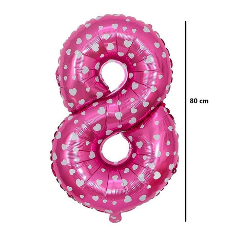 Balon din Folie Metalizata Vivimall, Figurina Cifra, Imprimeu Inimi, Tema Aniversare 80 cm, Ambalaj Individual, Pai inclus, Umflare cu Aer sau Heliu, Roz, Cifra 8 - vivimall.ro