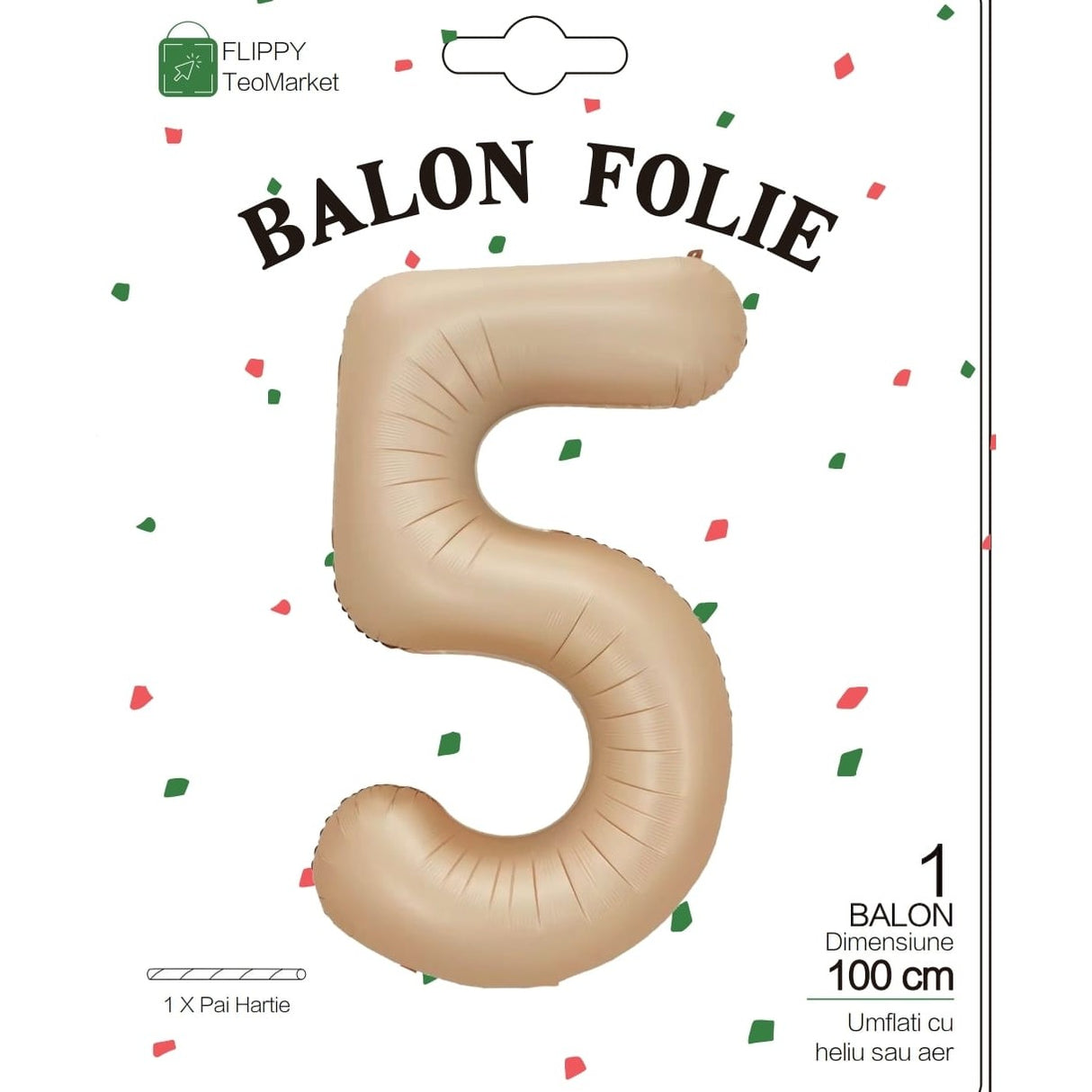 Fém fólia lufi, Számfigura, Születésnapi Motívum, 100 cm, Egyedi csomagolás, Szalma mellékelve, Fújható levegővel vagy héliummal, Krémszínű