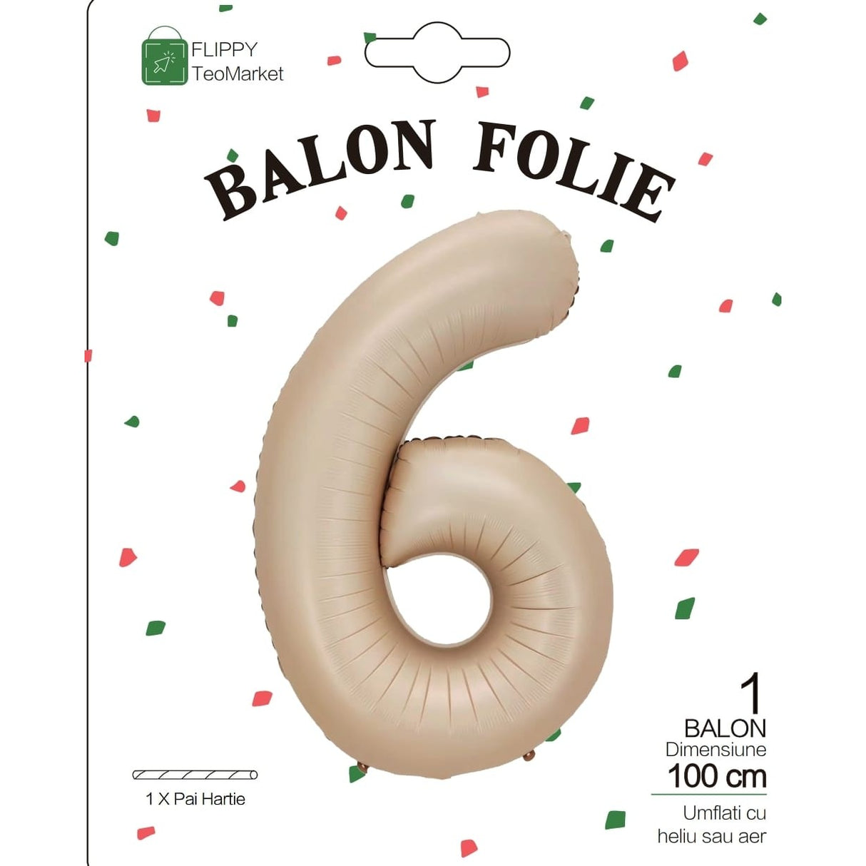 Fém fólia lufi, Számfigura, Születésnapi Motívum, 100 cm, Egyedi csomagolás, Szalma mellékelve, Fújható levegővel vagy héliummal, Krémszínű