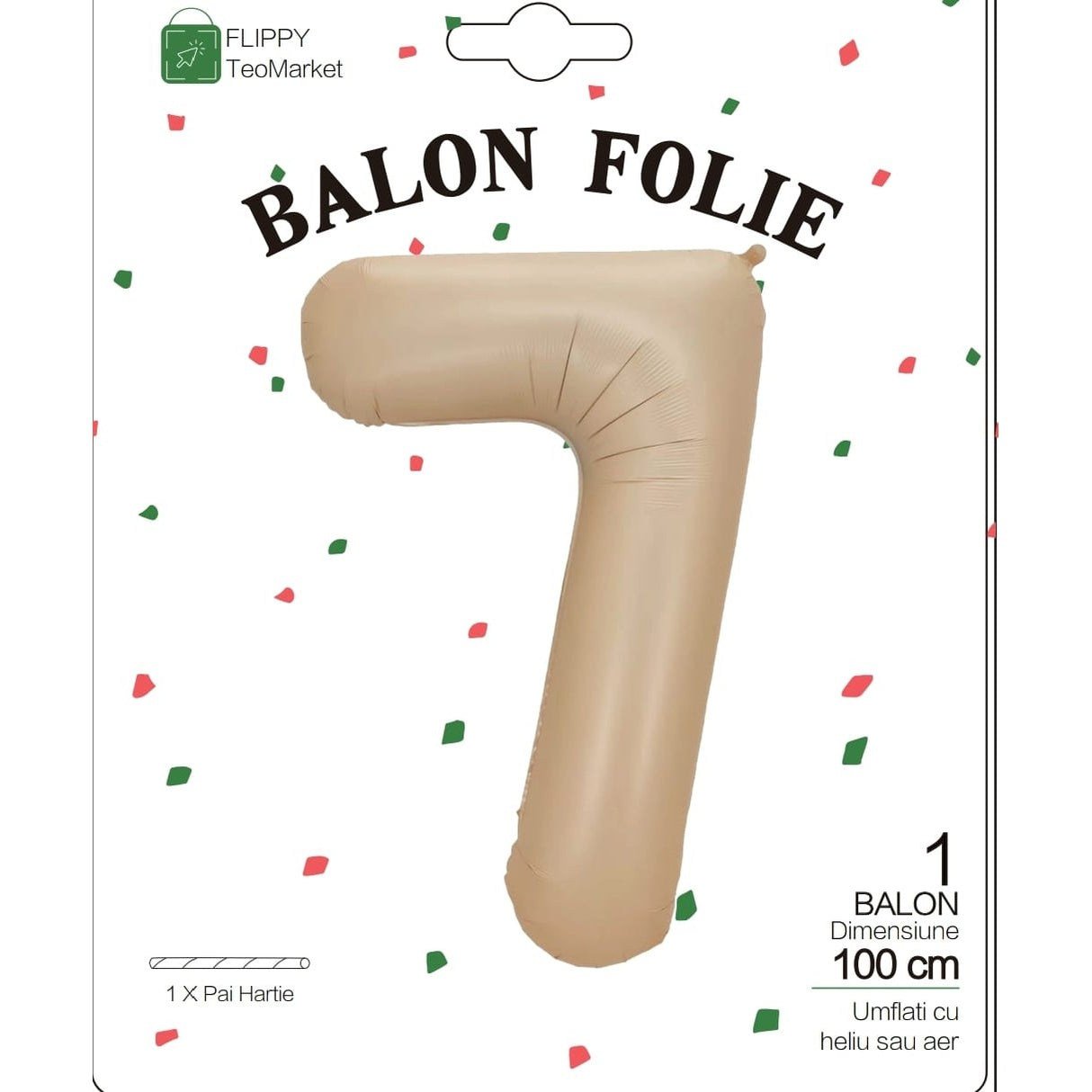 Fém fólia lufi, Számfigura, Születésnapi Motívum, 100 cm, Egyedi csomagolás, Szalma mellékelve, Fújható levegővel vagy héliummal, Krémszínű
