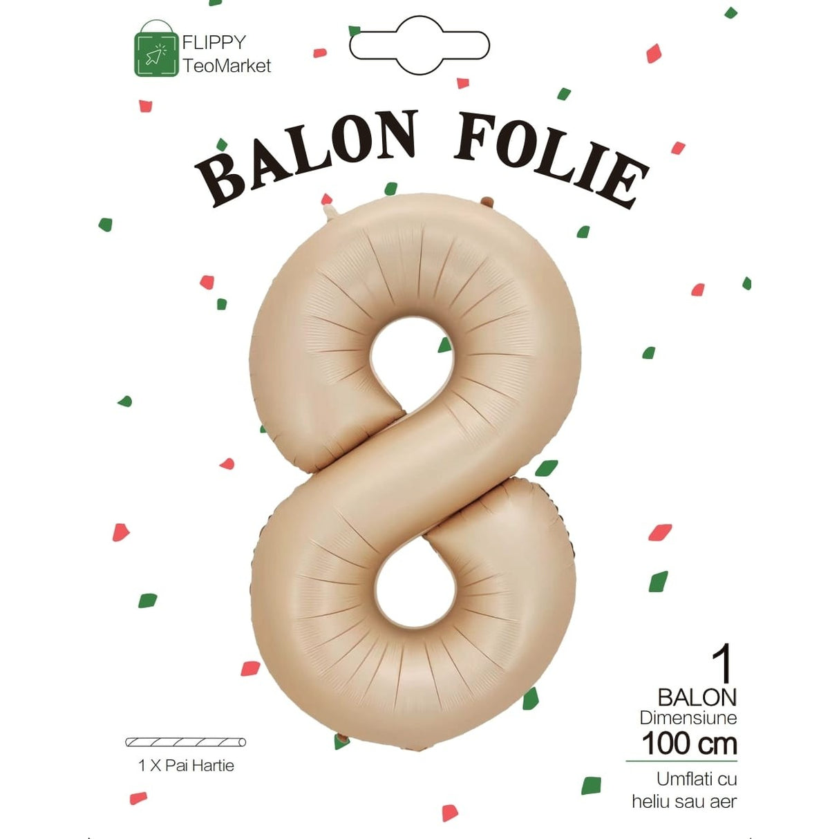 Fém fólia lufi, Számfigura, Születésnapi Motívum, 100 cm, Egyedi csomagolás, Szalma mellékelve, Fújható levegővel vagy héliummal, Krémszínű