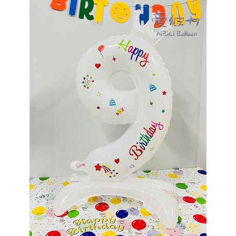 Balon din Folie Metalizata, Vivimall, Figurina Cifra, Model 9 cu Happy Birthday Scris, Tema Aniversare 81 cm, Ambalaj Individual, Pai Inclus, Umflare cu Aer sau Heliu, Alb - vivimall.ro