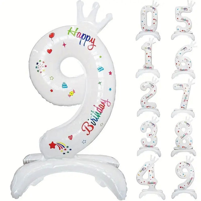 Balon din Folie Metalizata, Vivimall, Figurina Cifra, Model 9 cu Happy Birthday Scris, Tema Aniversare 81 cm, Ambalaj Individual, Pai Inclus, Umflare cu Aer sau Heliu, Alb - vivimall.ro