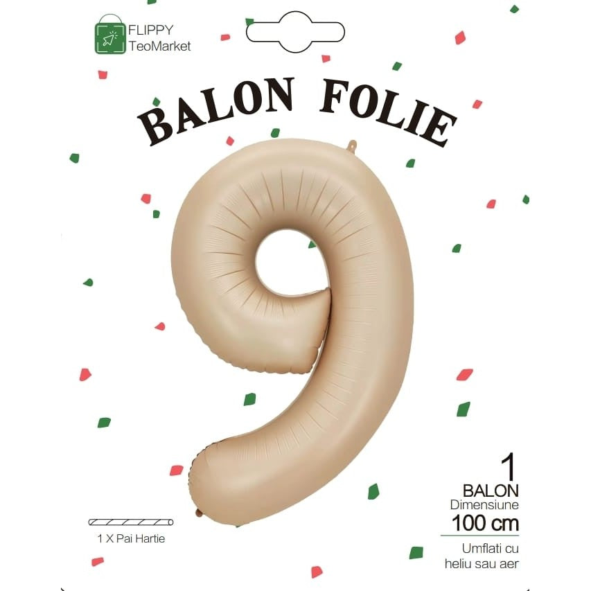 Fém fólia lufi, Számfigura, Születésnapi Motívum, 100 cm, Egyedi csomagolás, Szalma mellékelve, Fújható levegővel vagy héliummal, Krémszínű