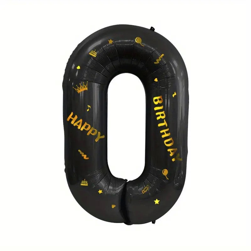 Balon din Folie Metalizata Vivimall, Figurina Cifra, Scris Happy Birthday, Tema Aniversare 100 cm, Ambalaj Individual, Pai inclus, Umflare cu Aer sau Heliu, Negru, Cifra 0 - vivimall.ro