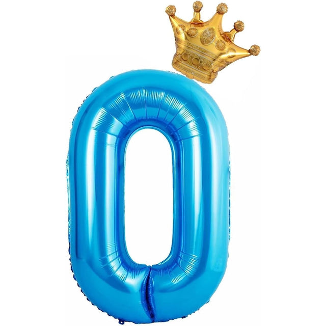 Balon din Folie Metalizata Vivimall, Figurina Cifra si Coroana, Tema Aniversare 100 cm, Ambalaj Individual, Pai inclus, Umflare cu Aer sau Heliu, Albastru, Cifra 0 - vivimall.ro