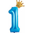 Balon folie metalizată albastră cifra 1 cu coroană, 100 cm, vedere frontală completă