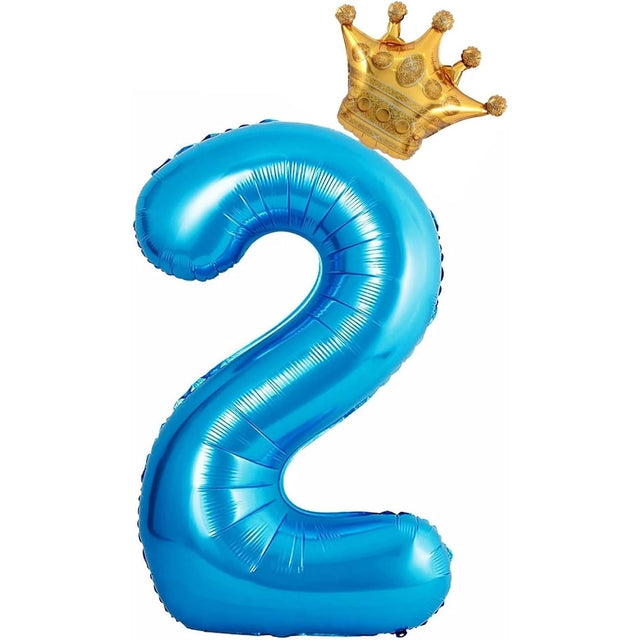Balon din Folie Metalizata Vivimall, Figurina Cifra si Coroana, Tema Aniversare 100 cm, Ambalaj Individual, Pai inclus, Umflare cu Aer sau Heliu, Albastru, Cifra 2 - vivimall.ro