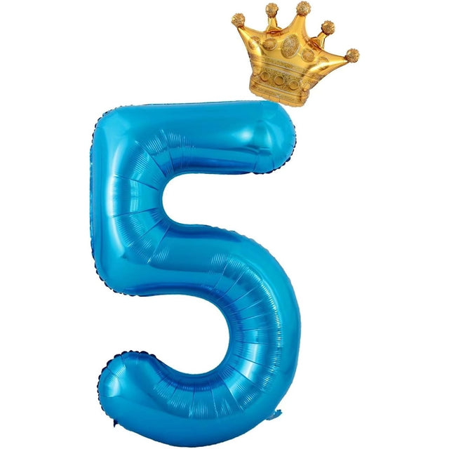 Balon din Folie Metalizata Vivimall, Figurina Cifra si Coroana, Tema Aniversare 100 cm, Ambalaj Individual, Pai inclus, Umflare cu Aer sau Heliu, Albastru, Cifra 5 - vivimall.ro