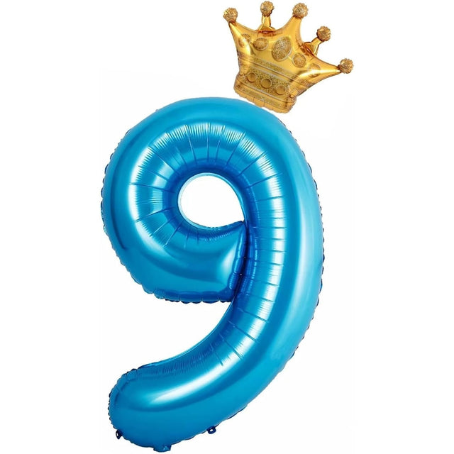 Balon din Folie Metalizata Vivimall, Figurina Cifra si Coroana, Tema Aniversare 100 cm, Ambalaj Individual, Pai inclus, Umflare cu Aer sau Heliu, Albastru, Cifra 9 - vivimall.ro