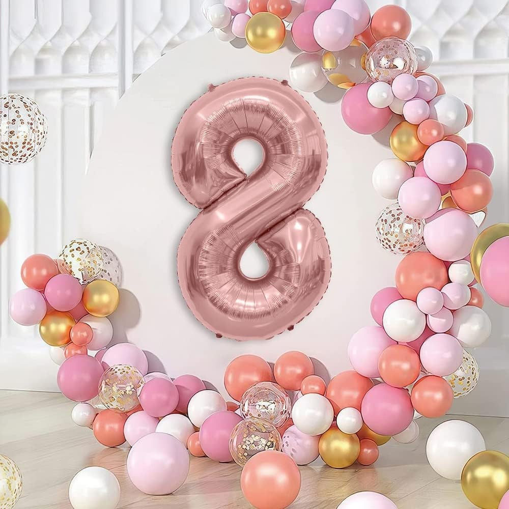 Balon din Folie Metalizata Vivimall, Figurina Cifra, Tema Aniversare 100 cm, Ambalaj Individual, Pai inclus, Umflare cu Aer sau Heliu, Coral, Rose Gold, Cifra 8 - vivimall.ro