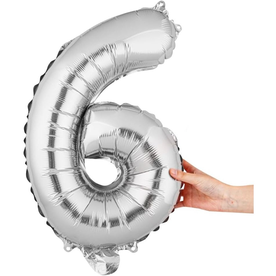 Fém fólia lufi figura, születésnapi témájú 40 cm, egyedi csomagolás, szívószállal, felfújható levegővel vagy héliummal, 6-os szám