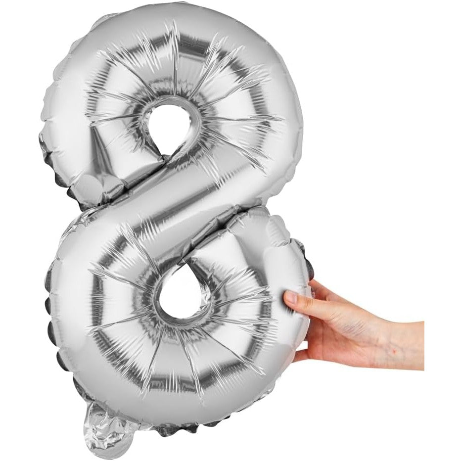 Fém fólia lufi figura, születésnapi témájú 40 cm, egyedi csomagolás, szívószállal, felfújható levegővel vagy héliummal, 8-as szám