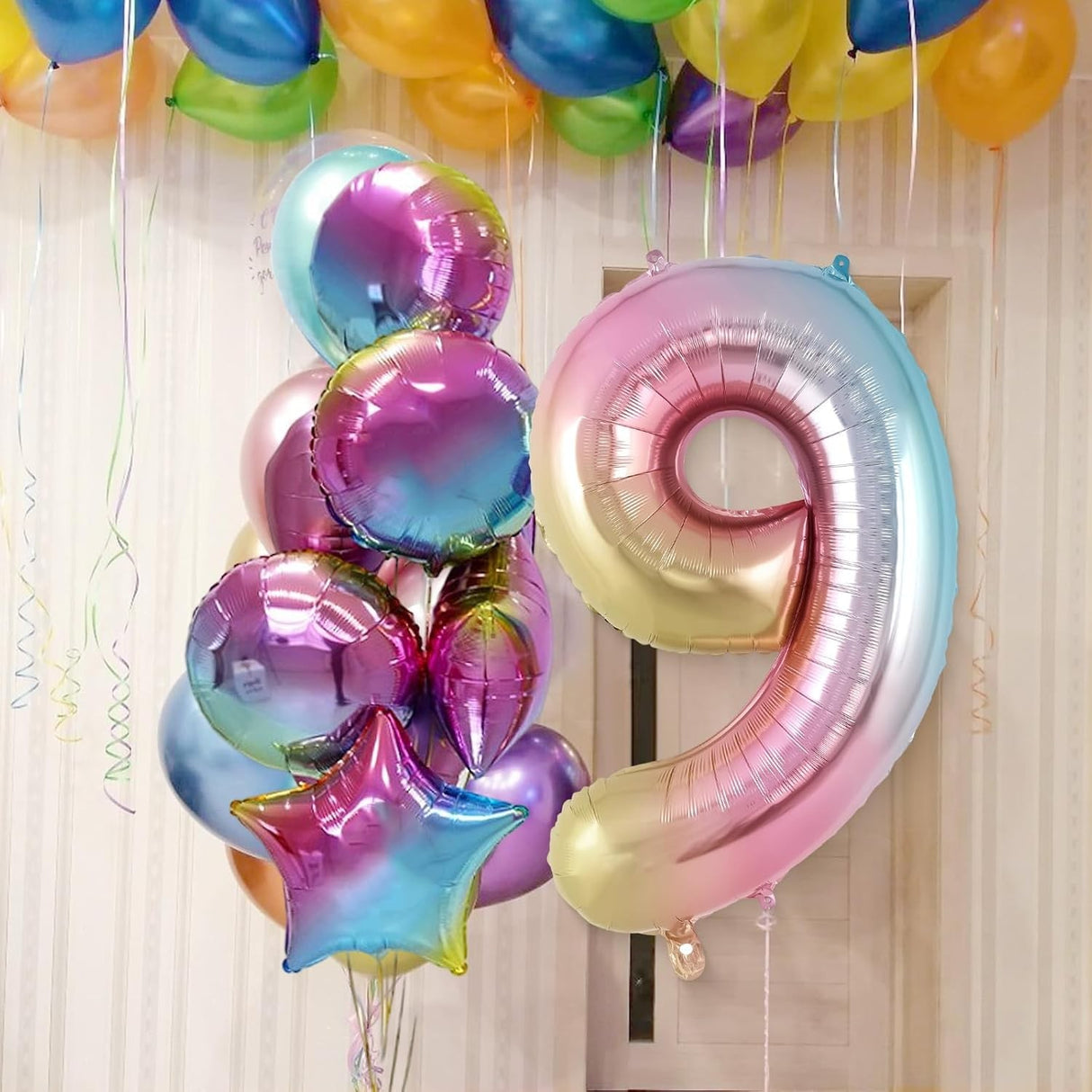 Fém fólia lufi figura, születésnapi témájú 40 cm, egyedi csomagolás, szívószállal, felfújható levegővel vagy héliummal, 9-es szám