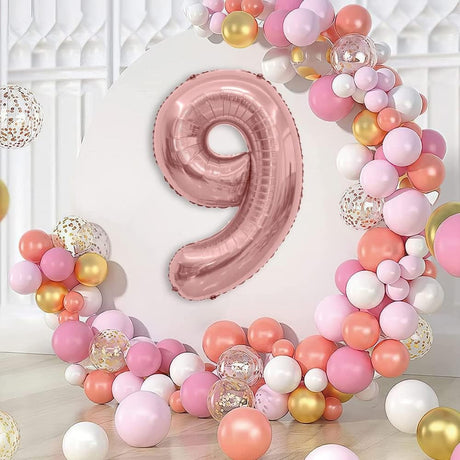 Balon din Folie Metalizata Vivimall, Figurina Cifra, Tema Aniversare 40 cm, Ambalaj Individual, Pai inclus, Umflare cu Aer sau Heliu, Rose Gold, Cifra 9 - vivimall.ro