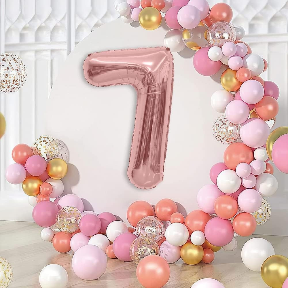 Balon din Folie Metalizata Vivimall, Figurina Cifra, Tema Aniversare 80 cm, Ambalaj Individual, Pai inclus, Umflare cu Aer sau Heliu, Rose, Cifra 7 - vivimall.ro