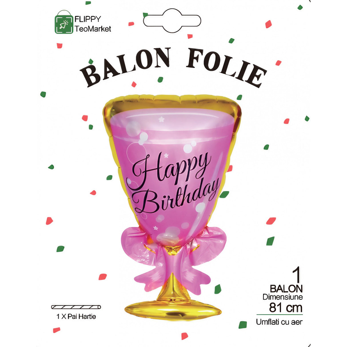 Balon din Folie Metalizata, Vivimall, Figurina Pahar de Vin, Tema Aniversare, 93x48 cm, Ambalaj Individual, Pai Inclus, Umflare cu Aer sau Heliu, Roz - vivimall.ro