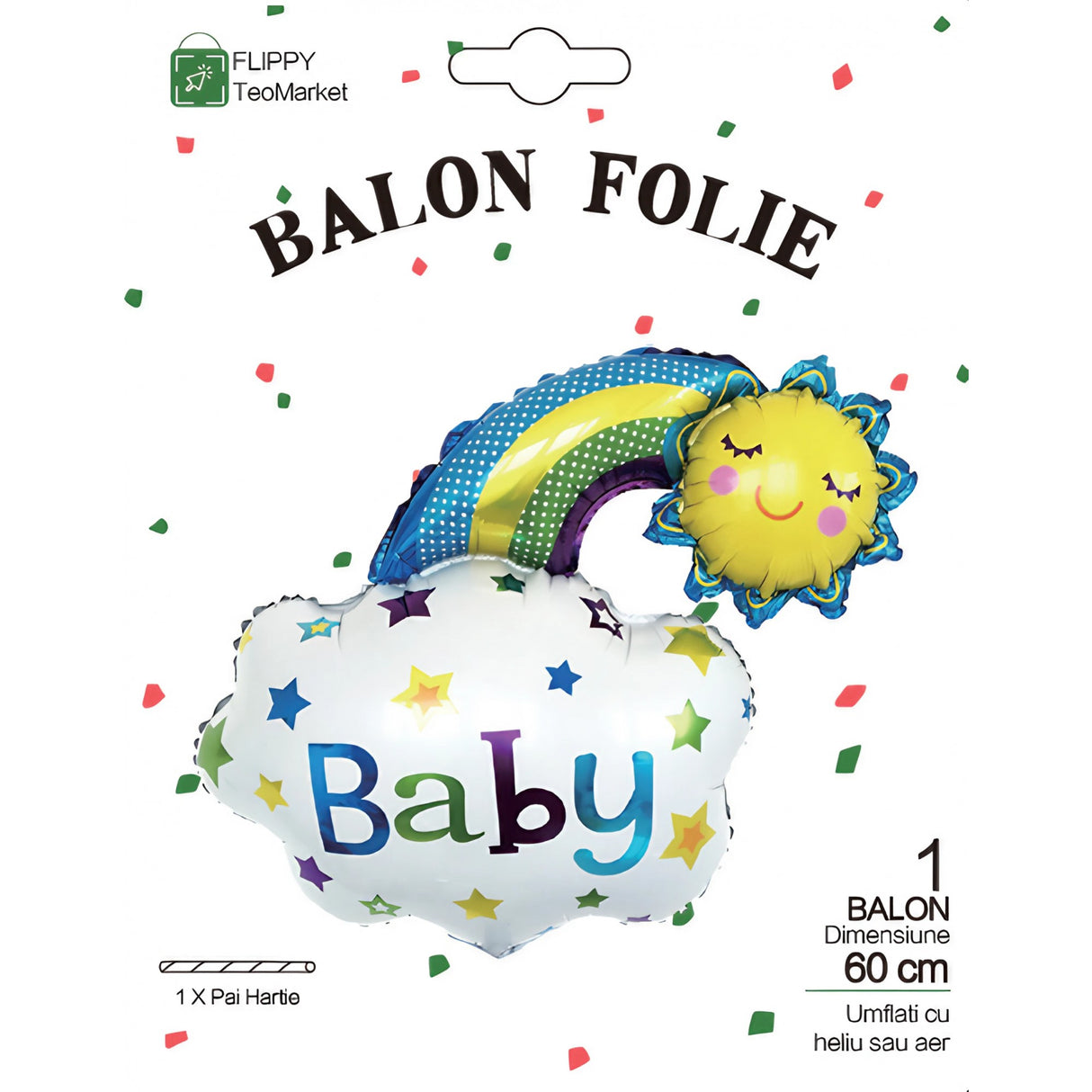 Balon din Folie Metalizata, Vivimall, Figurina Soare si Nor, Tema Botez, 60x53 cm, Ambalaj Individual, Pai Inclus, Umflare cu Aer sau Heliu, Albastru - vivimall.ro