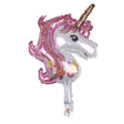Balon folie metalizată figurină unicorn roz, 30 cm, vedere frontală cu pai transparent inclus