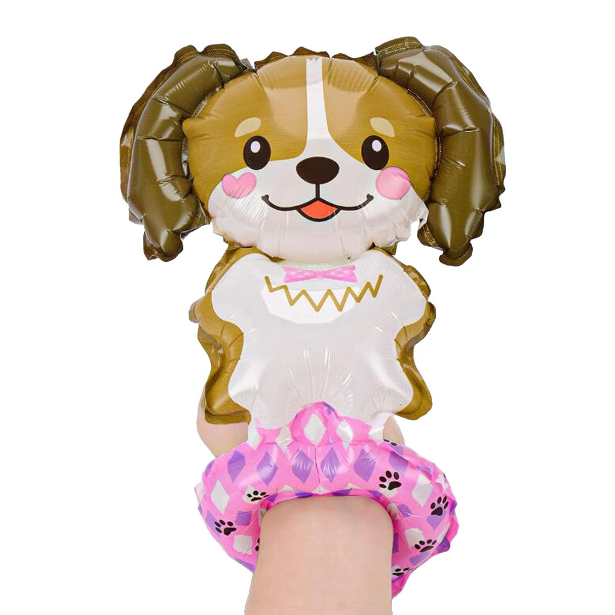 Balon din Folie Metalizata, Vivimall, Figurine Animalute, Tip Bratara, Model Catel, 13 x 35 cm, Ambalaj Individual, Pai Inclus, Umflare cu Aer sau Heliu, Maro - vivimall.ro