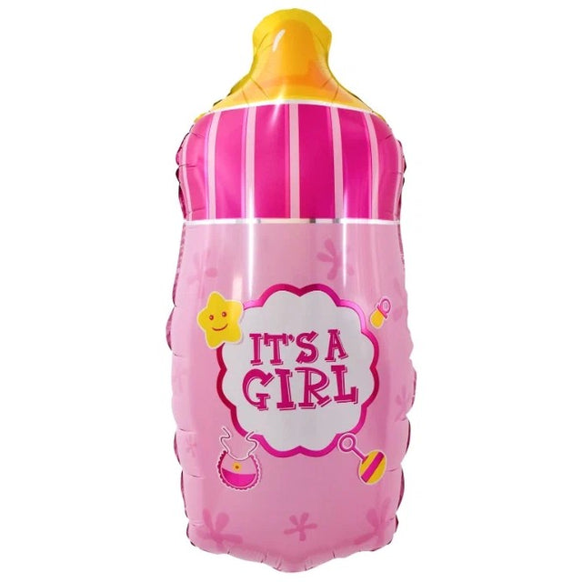Balon din Folie Metalizata, Vivimall, Mini Figurina Biberon, Model It's a Girl, Tematica Gender Reveal, 44x20 cm, Ambalaj Individual, Pai Inclus, Umflare cu Aer sau Heliu, Roz - vivimall.ro
