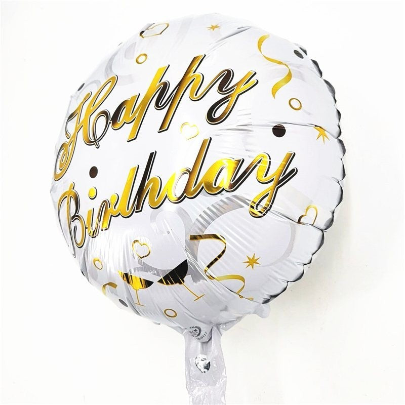 Fém fólia lufi, Mini kerek figura, Boldog születésnapot modell, Évfordulós téma, 45 cm, ​​Egyedi csomagolás, Szalma mellékelve, Fújható levegővel vagy héliummal,
