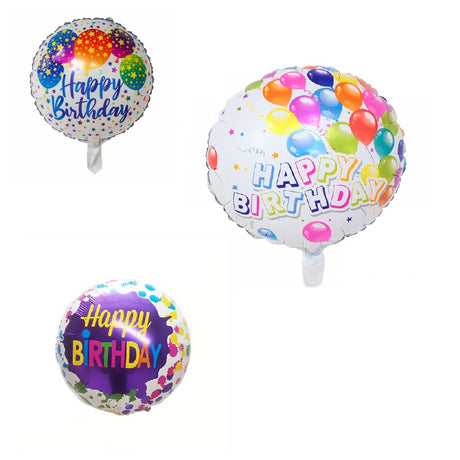 Set 3 Baloane din Folie Metalizata, Vivimall, Mini Figurina Rotunda, Model Happy Birthday, 45 cm, Ambalaj Individual, Pai inclus, Umflare cu Aer sau cu Heliu, Multicolor - vivimall.ro